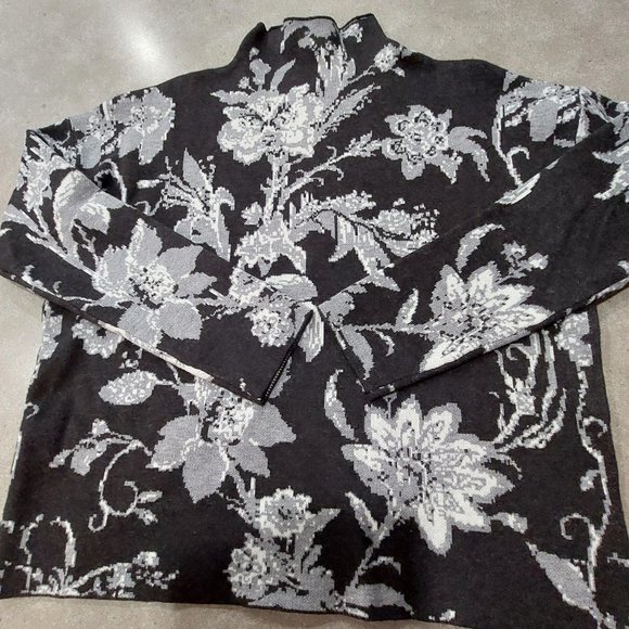 CYNTHIA ROWLEY Funnel Neck Long Sleeves Floral Sweater - Black/Grey/White - Med - Picture 4 of 6